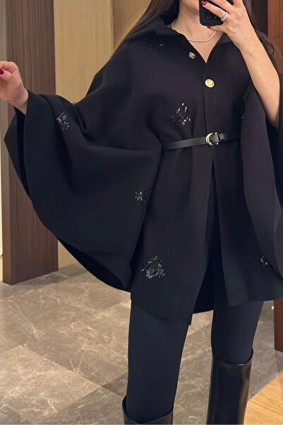 Suziş SİYAH İŞLEME DETAYLI VE KEMERLİ PANÇO ROB99775