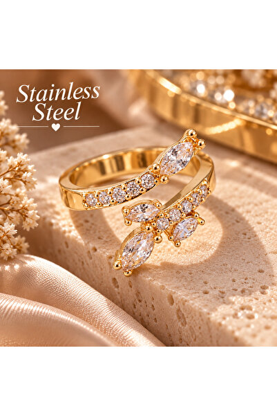 stainless steell Gold Color Zircon Stone Adjustable Steel Ring