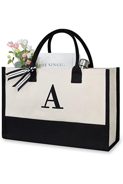 TOPDesign Personalized Initial Canvas Beach Bag, Monogrammed Gift Tote Bag fo...