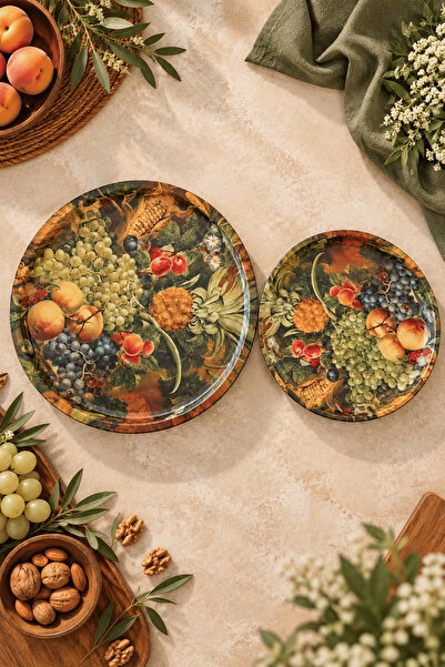 Sarkap Home Üzüm Desenli 34 cm Tepsi ve 26 cm Meyve Tabağı