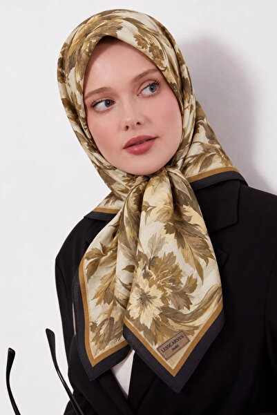 Lesscarves Desenli Pamuk İpek Eşarp 90x90 LS2213 07-Bej-Yağ Yeşili-Hardal