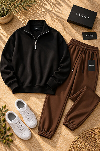 FECCY Premium Unisex Cotton Half Zipper Sweatshirt Jogger Set 3 Yarn Bottom-T...