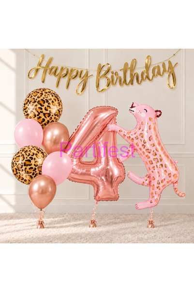 Partifest Leopar Balon Seti Kız Çocuk Doğum Günü 4 Yaş – 76 cm Rakam Balon, P...
