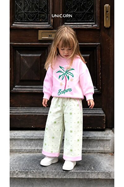 mirkidsclub Girl's Pink Palm Tree Patterned Sweatshirt and Colorful Denim Tro...