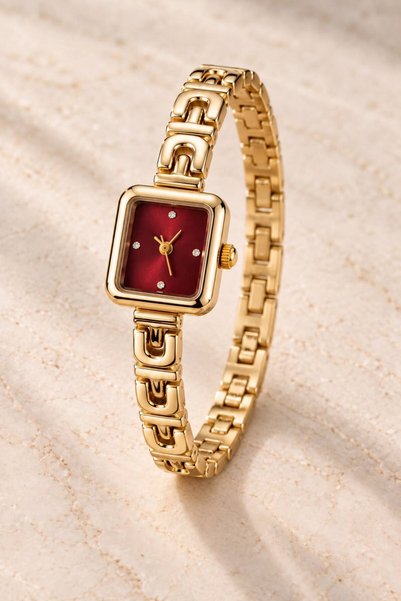 GANYMET Bonis Women's Wristwatch Burgundy Dial Gold Steel Band Rectangular Ca...