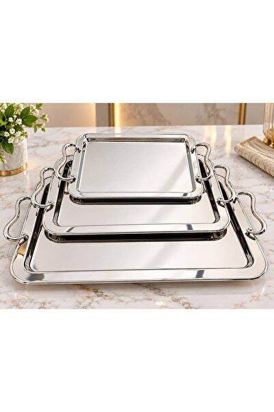 aljahwari Silver Nickel 3 Piece Serving Tray Set Heavy