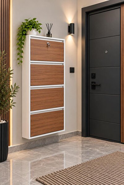 Karlı Home 4 Lü Beyaz Kilitli Ahşap/Metal Kapaklı Metal Ayakkabılık 8 Çift Ay...