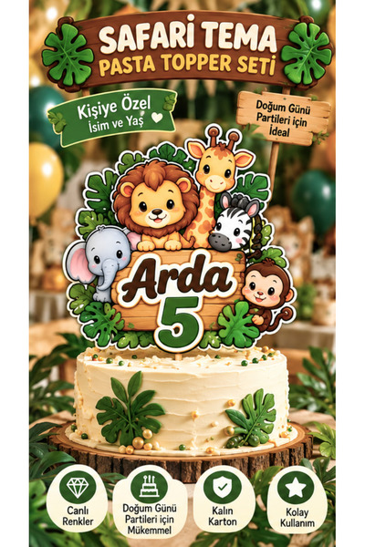 NoyaStudio Kişiye Özel Safari Temalı Pasta Süsü Seti – İsim ve Yaşlı Doğum Gü...