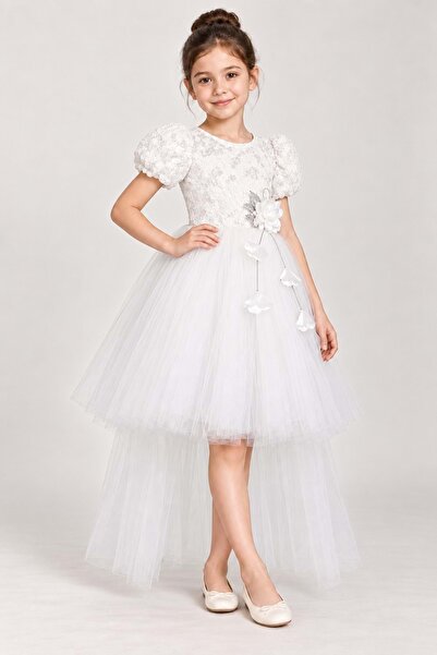 Mnk Baby&Kids Kız Çocuk Palmira Nakışlı Kuyruklu Abiye M00861 BEYAZ