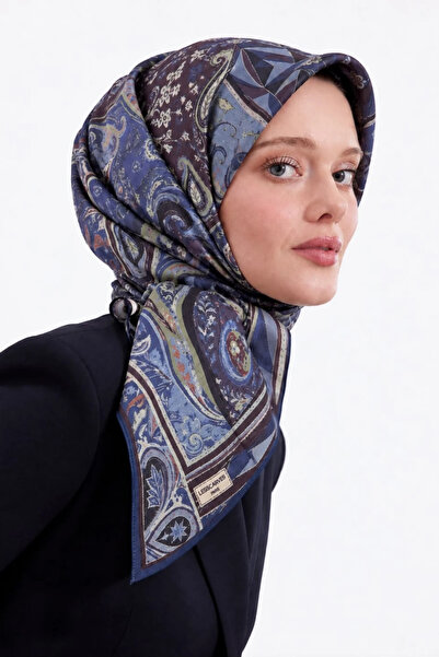 Lesscarves Desenli Pamuk İpek Eşarp 90x90 LS2212 10-İndigo-Acı Kahve-Yeşil