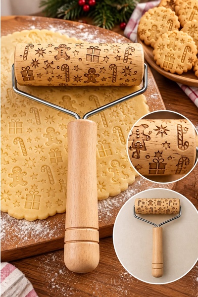 Kitchen Beauty Ahşap Desenli Hamur Merdanesi Kurabiye Ve Pasta Hamuru Şekillendirici Pürüzsüz Oklava Hamur Açma