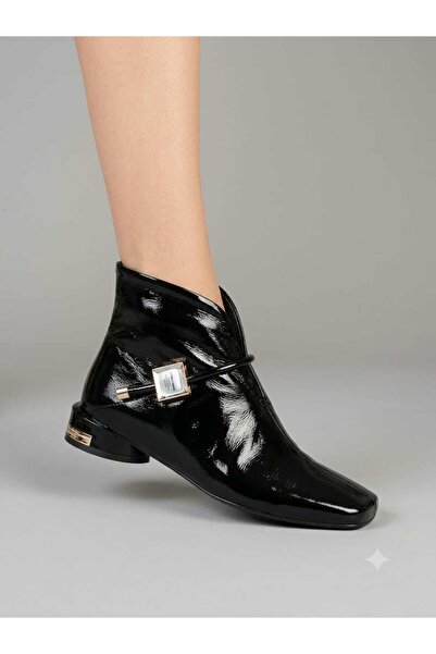 MARCO ROCCO Genuine Leather Stone Buckle Zippered Short Block Heeled Square T...