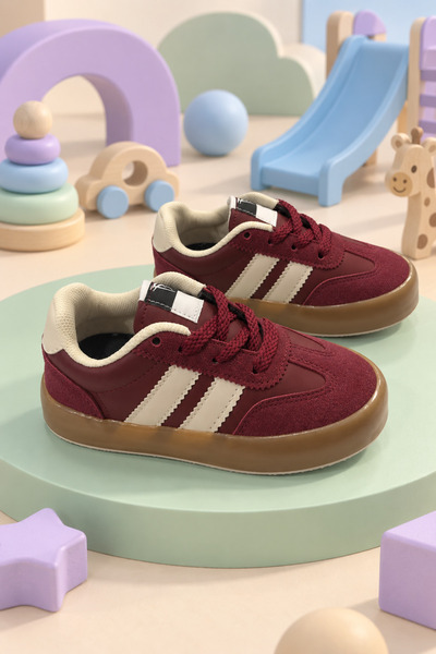 Tonny Black Çocuk Unisex Bordo Bej Microlight Taban Rahat Bağcıklı Sneaker