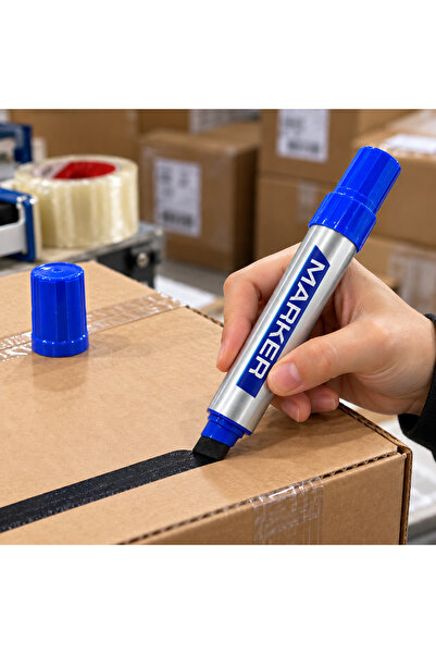 Permanent Marker Koli Kalemi – 10 mm Geniş Kesik Uçlu Kalıcı İşaretleme Kalemi, Kalın Yazım, Karton Koli ve Paketleme İçin – Siyah / Mavi