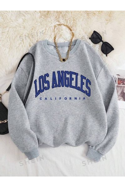 Gri Oversize Kapüşonlu Sweatshirt Pamuklu Baskılı Erkek