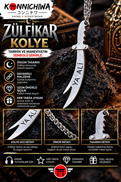 FG KONNİCHİWA Zülfikar Necklace – Silver Color Black Color Engraved Double-Ed...