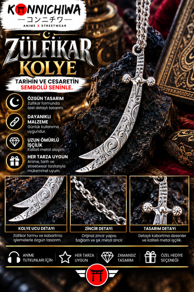 FG KONNİCHİWA Zülfikar Necklace – Silver Color Black Color Engraved Double-Ed...