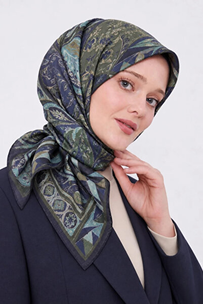 Lesscarves Μοτίβο Βαμβακερό Μεταξωτό Φουλάρι 90x90 LS2212 08-Μπλε Σκούρο-Τυρκ...