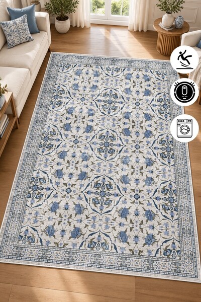 Pelura Halı Vintage Eskitme Desen Salon Halısı Baskılı Kaymaz Yıkanabilir Otu...