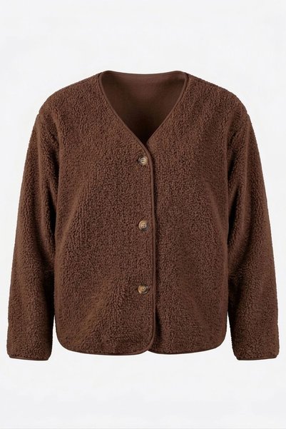 MAGARDE Premium V-Neck Buttoned Fleece Cardigan - Brown