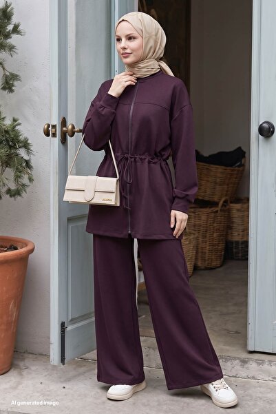 InStyle Fermuarlı Beli Büzgülü Mürdüm Modal Takım
