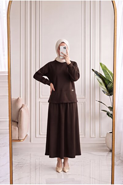 MİHRA STORE Bengisu Slit Skirt Suit with Accessory Detail - Ey1072 Brown