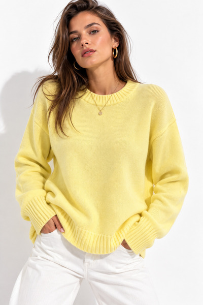 WILD BEE Pulover tricotat oversize, galben, cu gât rotund, moale la atingere,...