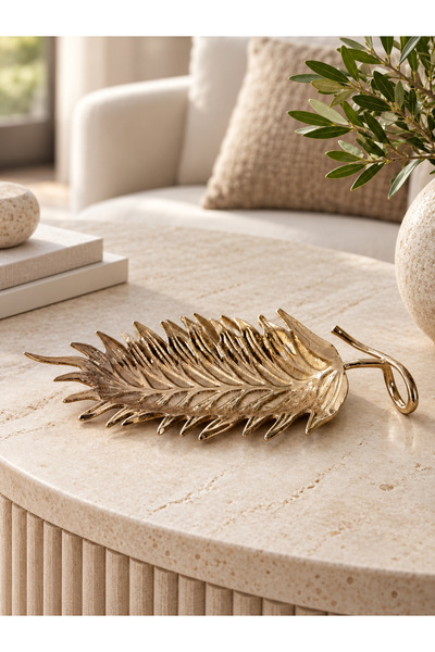 Dekoratif Gold Yaprak Tepsi 45 X 20 CM – Metal Sunum Tepsisi, Şık Servis Tabağı ve Ev Dekorasyonu
