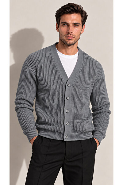 viyamen Men's V-Neck Buttoned Medium Slim Knitwear Cardigan