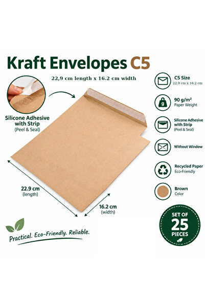 HYVESTO Set Plicuri Kraft C5 (16.2 x 22.9 cm), 90g/mp, Lipire Siliconica cu B...