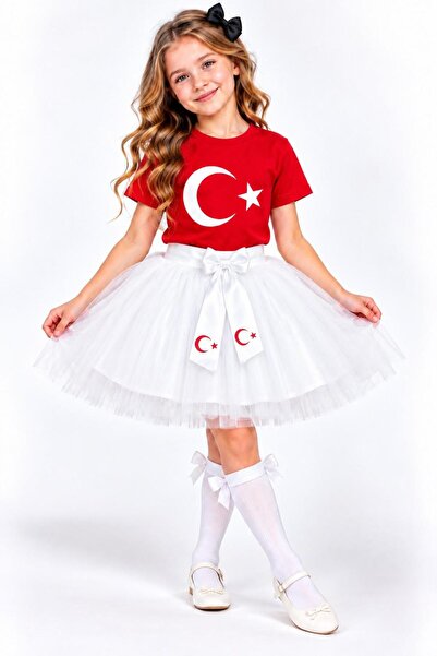 Nacar Kız Çocuk Yeni Sezon Ay Yıldız Baskılı Kısa Kollu Tişört Tütü Etek Takı...