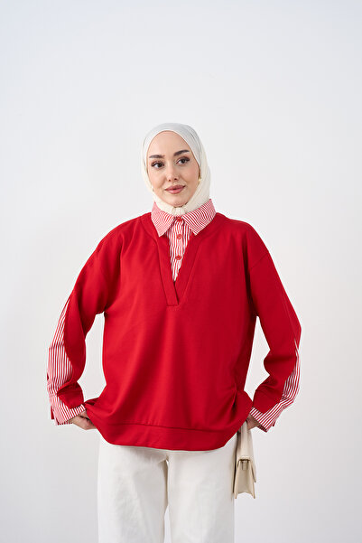 LOCCO Kadın Gömlek Yaka Çizgi Detay Sweatshirt Kırmızı