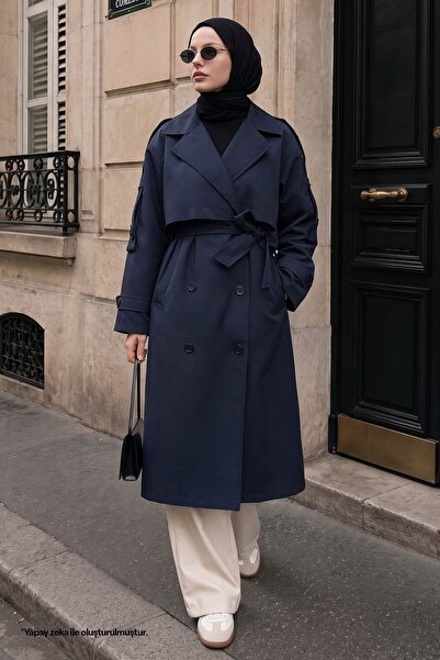 InStyle Μπλε ναυτικό παλτό με διπλά κουμπιά και επένδυση