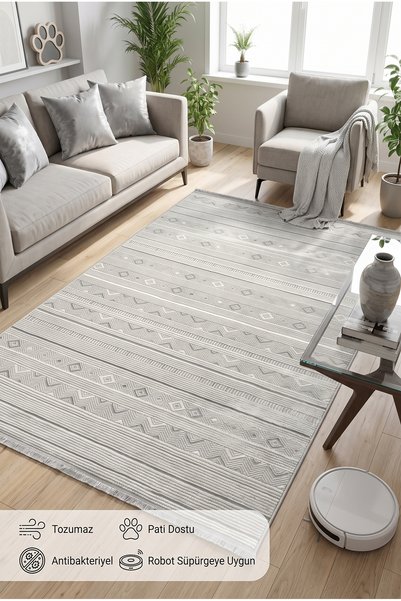 BESEV HOME CONCEPT Gri İskandinav Tarz Mutfak Koridor ve Salon Halısı, Saçakl...
