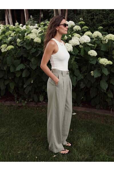 Juuuj Green Modal Fabric High Waist Wide Leg Pleated Belt Detailed Side Pocke...