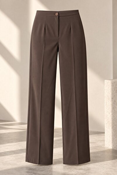 Juuuj Brown Stretchy Textured High Waist Straight Leg Relaxed Cut Trousers wi...