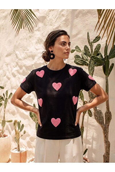 Juuuj Tricou negru din bumbac, cu gât crew, mânecă scurtă, model de bază, cu ...