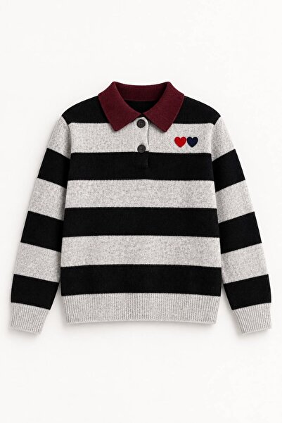 Juuuj Gray Wool Blend Polo Collar Long Sleeve Two-Tone Heart Embroidery Detai...