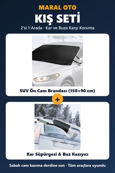 Kış Seti Büyük Boy SUV Ön Cam Brandası ve Kar Süpürgesi Buz Kazıyıcı 2'li Set
