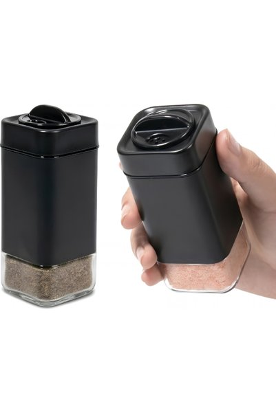 Aljazeera Trading Company Black Salt and Pepper Shakers Set with Holder – Stainless Steel Refillable Spice Dispenser
