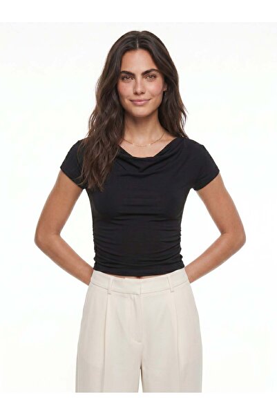 Juuuj Black Stretchy Fabric Degaje Collar Short Sleeve Body-Fitting Side Drap...