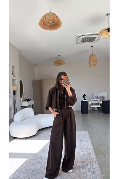 Buket Teke Brown Modal Triple Athlete Hoodie Tracksuit Set