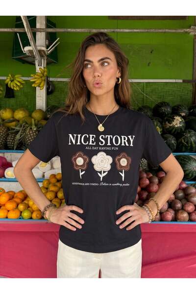 Juuuj Black Stretchy Textured Crew Neck Short Sleeve Relaxed Fit T-Shirt with...