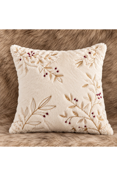 Dekoratif Dolgulu Peluş Nakışlı Kırlent – Ekru / Bordo / Gold Detaylı