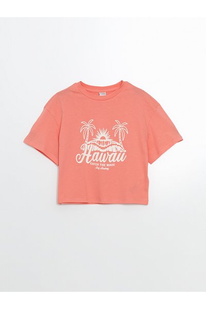 LC Waikiki Tricou pentru fetiță cu decolteu rotund cu imprimeu palmier
