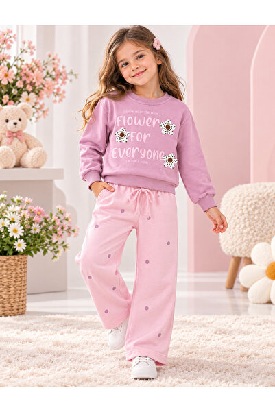 Uğur bebe Girl's Floral 100% Cotton Tracksuit Set Powder Sweatshirt Wide Leg ...