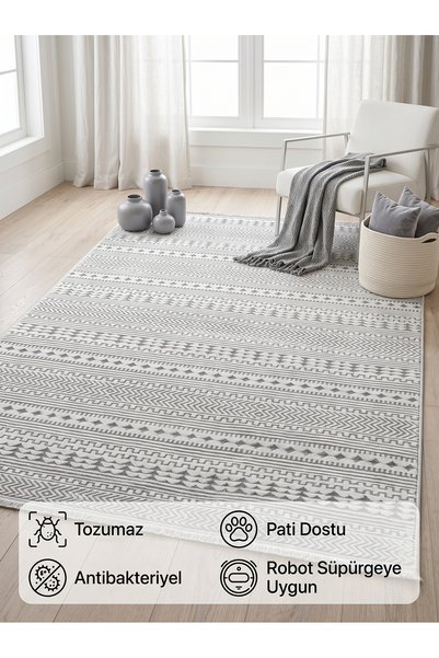 BESEV HOME CONCEPT Gri Bohem Tarz Mutfak Koridor ve Salon Halısı, Saçaklı Ant...