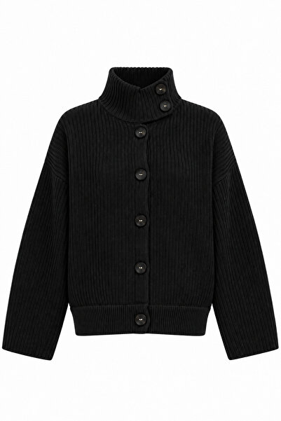 Juuuj Black Knitwear Textured High Collar Oversize Fit Button Detailed Drop S...