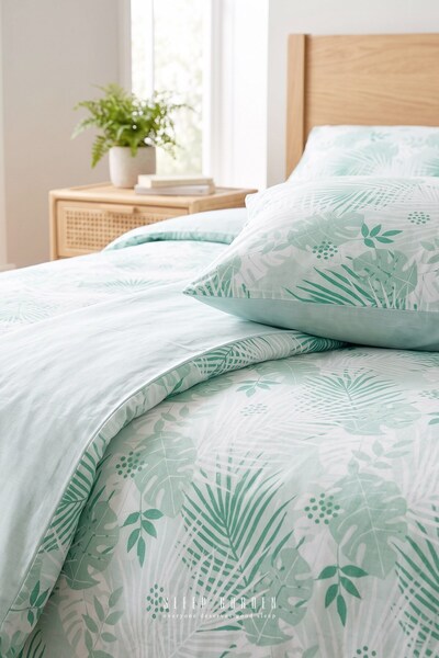 Sleep Garden طقم غطاء لحاف قطني منقوش بأوراق بالفينا الخضراء، مقاس فردي