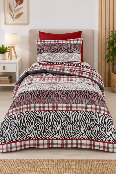 Karya Homes Tek Kişilik Nevresim Takımı | 160x230cm | Lastikli Çarşaf | Zebra ve Ekose Desenli | Pamuklu Nevresim Seti